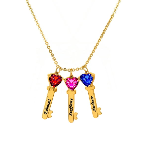 Personalized Family Key-Shaped Charm Pendant with Up to 6 Heart-Shaped Birthstones