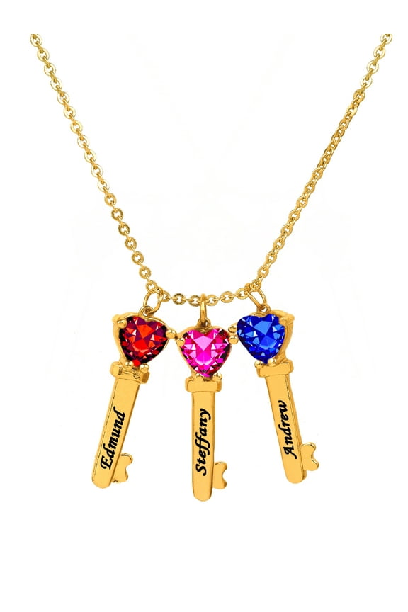 Personalized Family Key-Shaped Charm Pendant with Up to 6 Heart-Shaped Birthstones