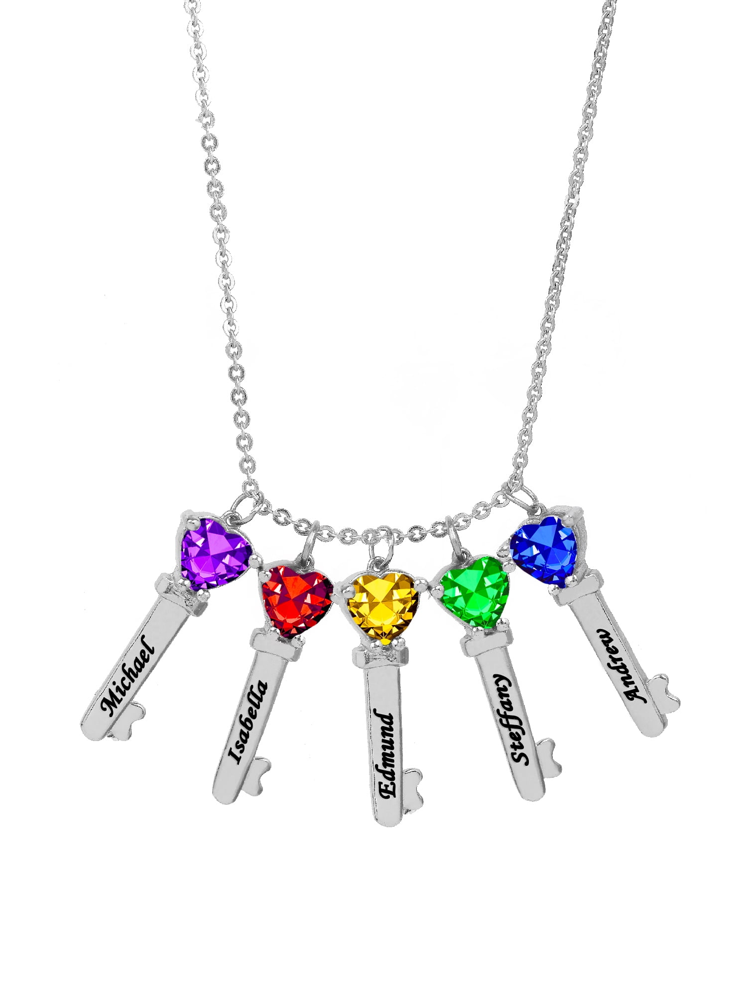 Personalized Family Key-Shaped Charm Pendant with Up to 6 Heart-Shaped Birthstones