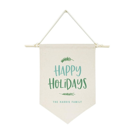 Personalized Family Last Name Happy Holidays Hanging Wall Banner