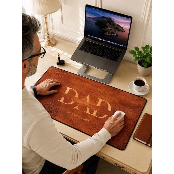 Personalized Family Line Art Desk Pad for Dad, Custom Leather Mouse Mat Gift