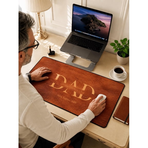 Personalized Family Line Art Desk Pad for Dad, Custom Leather Mouse Mat Gift
