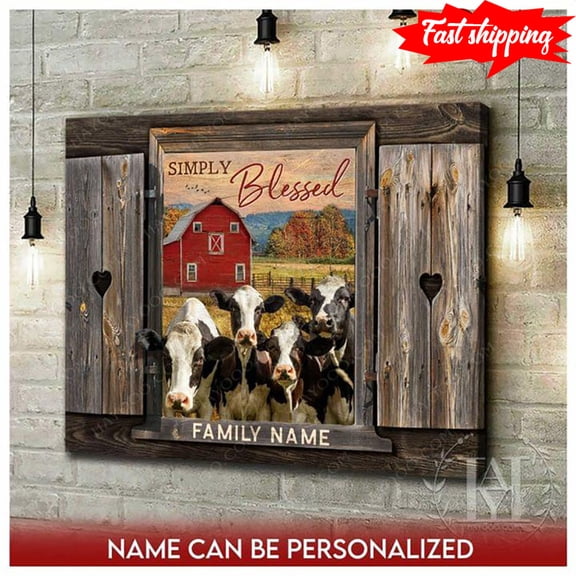 Personalized Family Name Barn Window Frame With Black & White Cows On Farm 16 x 24 Inch Poster
