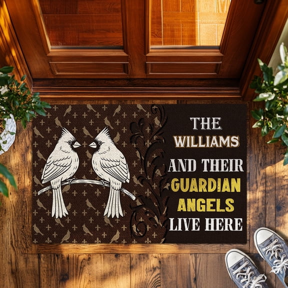Personalized Family Name Doormat, Bird and Guardian Angels Welcome Mat for Indoor & Outdoor Use, Durable & Easy to Clean for Home