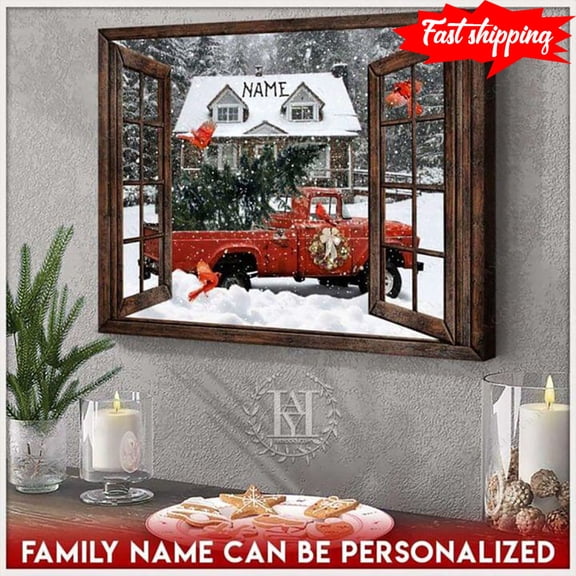 Personalized Family Name Window Frame With Red Truck Carrying Pine Tree And Cardinals Flying Around In Snow At Christmas Time 24 x 36 Inch Poster