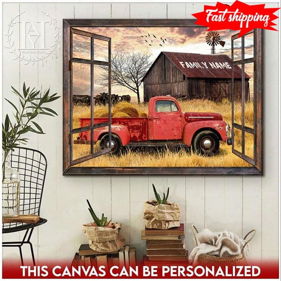 Personalized Family Name Window Frame With View Of Farmhouse & Red Truck Carrying Hay Bales 11 x 17 Inch Poster