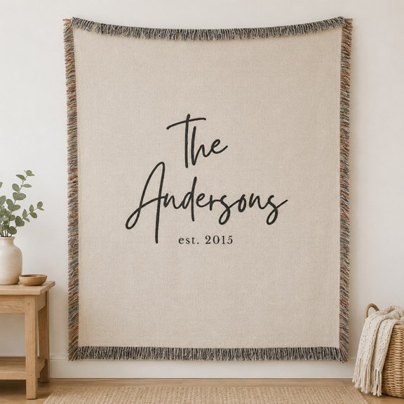 Personalized Family Name Woven Cotton Throw Blanket with Date