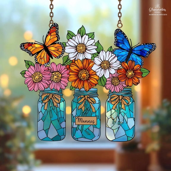 Personalized Family Names Floral Jar 2D Flat Acrylic Suncatcher | Custom Sentimental Window Decoration | Mother's Day Gift for Mom | Family Keepsake Window Hanging Home Decor