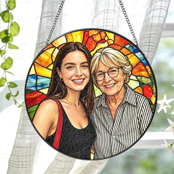 Personalized Family Photo Stained Glass Suncatcher, Custom Portrait Window Hanging Decor, Grandma Gift (3.94")