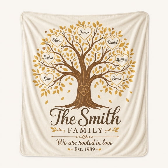 Personalized Family Tree Fleece Throw Blanket, Custom Name and Date, Soft 280 Gsm Polyester, Home Decor for Couch, Sofa & Bed