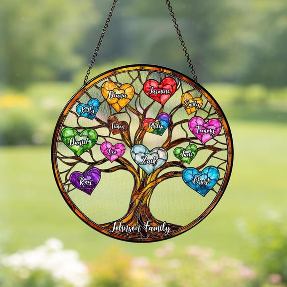 Personalized Family Tree Glass Suncatcher, Custom Names Heart Tree, Round Window Hanging Decor, Family Gift, Parents Keepsake