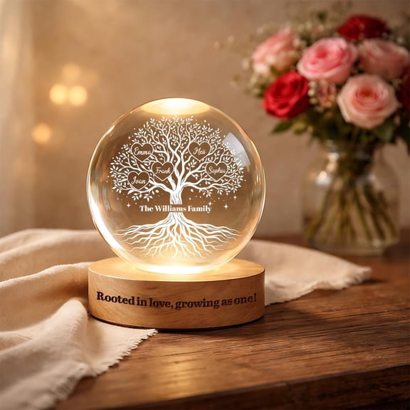 Personalized Family Tree LED Crystal Ball Night Light, Custom Family Lamp with Name, Rooted in Love Gift, Family Home Decor For Mothers Day