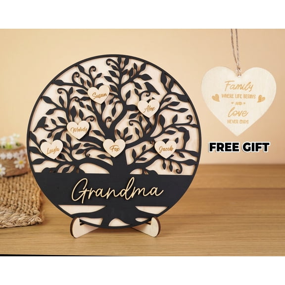 Personalized Family Tree Sign with Hanging Name Hearts, Custom Wood Family Decor, Grandkids Name Plaque, Gift for Parents or Grandparents