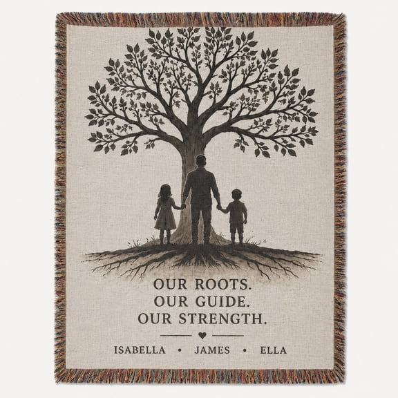 Personalized Family Tree Woven Blanket for Dad, Custom Name Cotton Throw