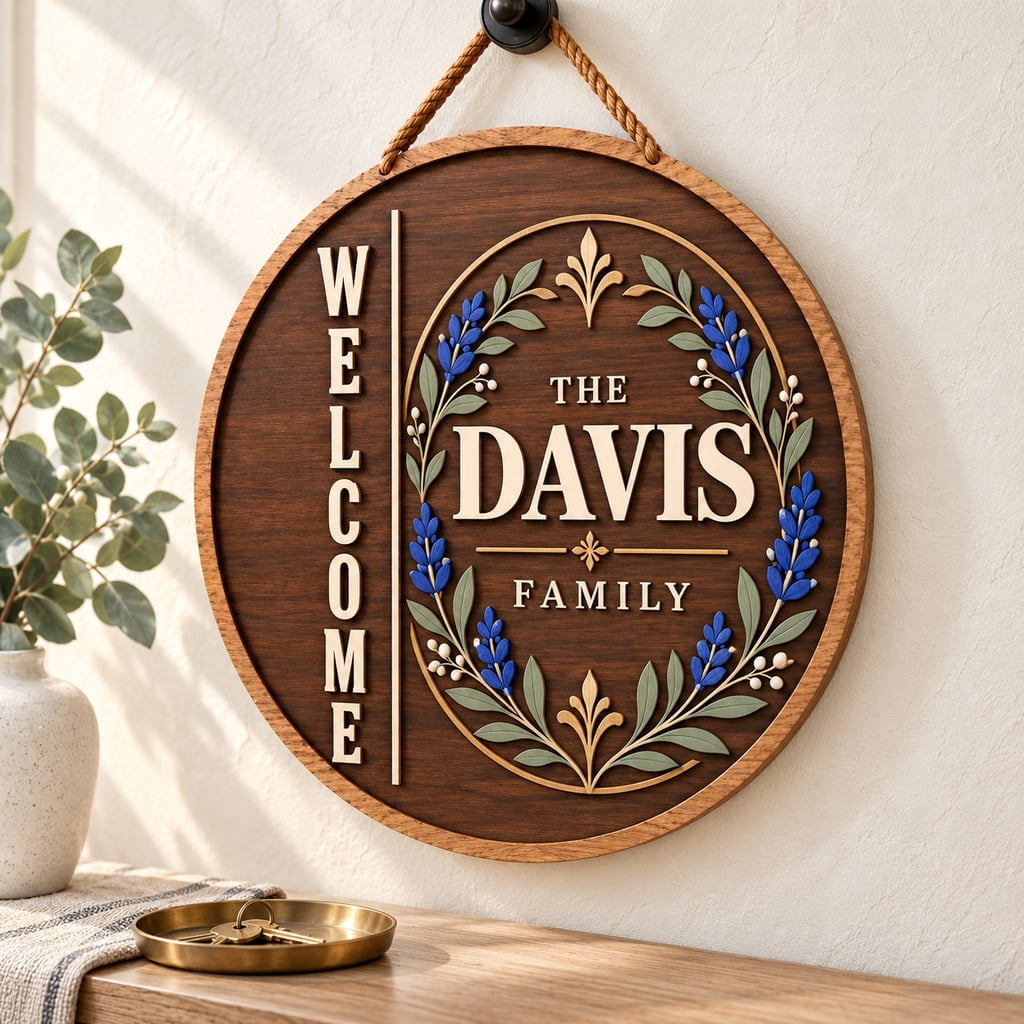 Personalized Family Welcome Sign Floral Wreath Wooden Round Door Decor ...