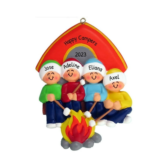Personalized Family of 4 Christmas Ornament 2024 - Outdoor Camper Family Ornament Firepit Camp Decor