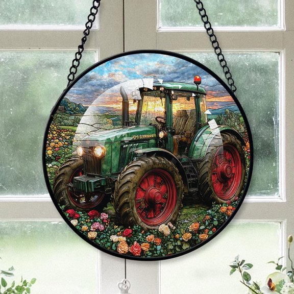 Personalized Farmhouse Tractor Suncatcher Stained Glass, Farmhouse Tractor Stained Glass Window Hanging Farmhouse Tractor Sun Catchers Indoor Window Dcor NgXTFt (Farmhouse Tractor 1)