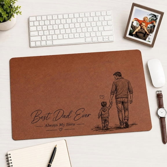Personalized Father Photo Desk Pad, Custom Leather Workspace Mouse Mat