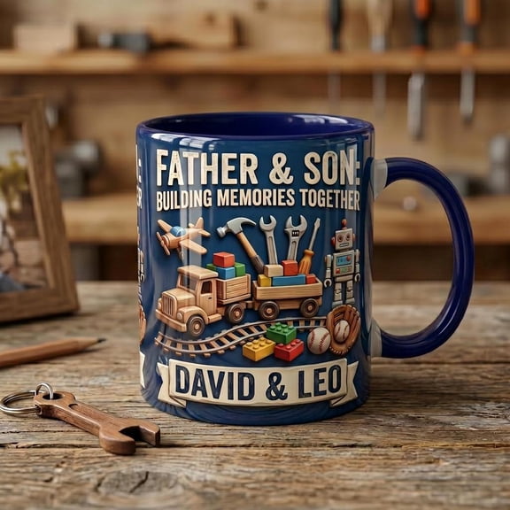 Personalized Father Son Building Memories Mug, Faux 3D Effect Coffee Cup