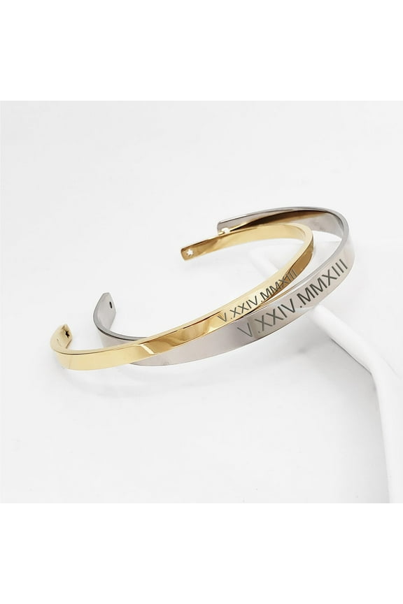 Personalized Father's Day Gift for Dad Couple's Gift for Him Matching His and Hers Set Roman Numerals Anniversary Date Engravable Cuff Bangle Bracelet with Gift Box [M-Silver |W-Gold]