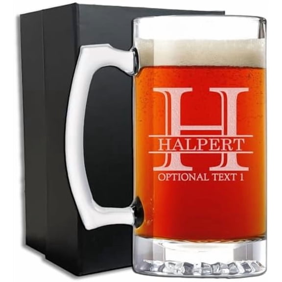 Personalized Fathers Day Etched 25oz Glass Beer Mug -Father's Day, Monogram, Customized Name, Custom Beer Gifts for Men, Birthday gifts for HIm, Engraved Stein, Regalos Personalizados, Halpert