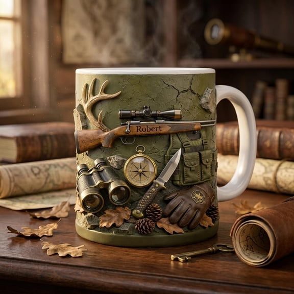 Personalized Fathers Day Hunting Mug Gift for Dad, Vintage Hunter 3D Inflated Effect Mug, Outdoor Camping Mug, Tactical Hunting Gear