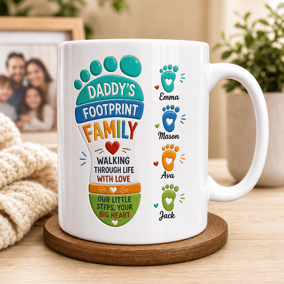 Personalized Fathers Day Mug Custom Daddy’s Footprint Family Gift for Dad