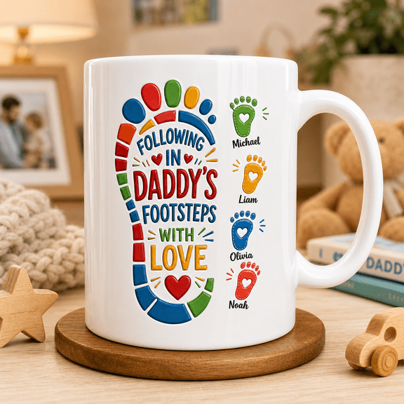 Personalized Fathers Day Mug Custom Following Daddy’s Footsteps Gift for Dad