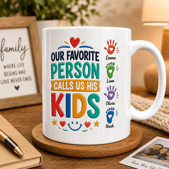 Personalized Fathers Day Mug Custom Kids Names, Our Favorite Person Calls Us His Kids Gift