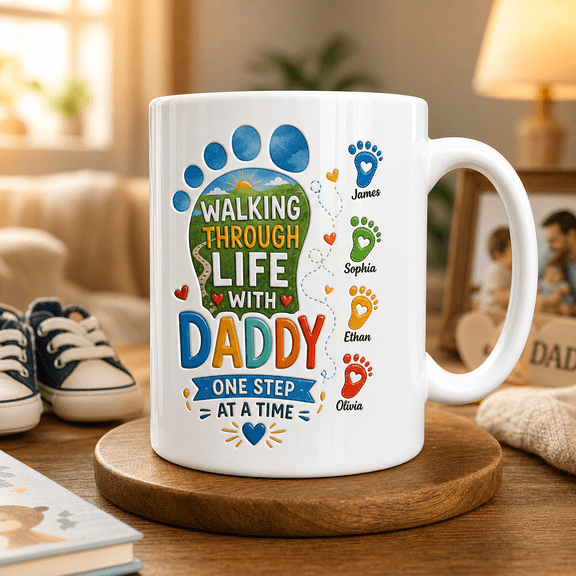 Personalized Fathers Day Mug Custom Walking Through Life With Daddy Gift for Dad