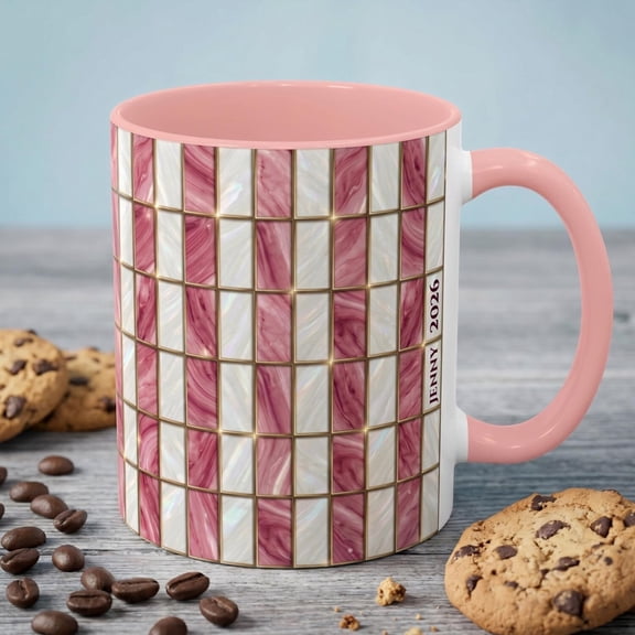 Personalized Faux Stained Glass Mug, Custom Name Coffee Cup, 2026 Graduation Gift, Pink Marble Mosaic Tea Cup, Cute Bridesmaid Gift Idea