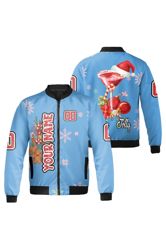 Personalized Feelin’ Jolly Christmas Spirit Unisex Bomber Jacket – Santa Face & Holiday Cocktail Design- Merry Xmas Gift Outerwear Jacket