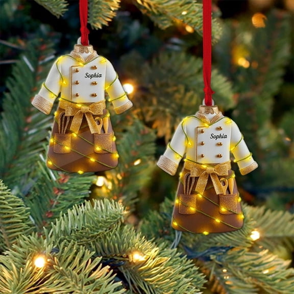Personalized Female Chef Gold Acrylic Christmas Ornament Custom Name Kitchen Holiday Tree Decor, Culinary Lover/Baker/Cook Home Keepsake