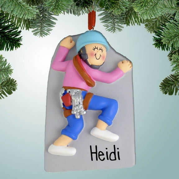 Personalized Female Rock Climber with Blue Hat Christmas Ornament - People that love to go rock climbing - Great Gift Ideas