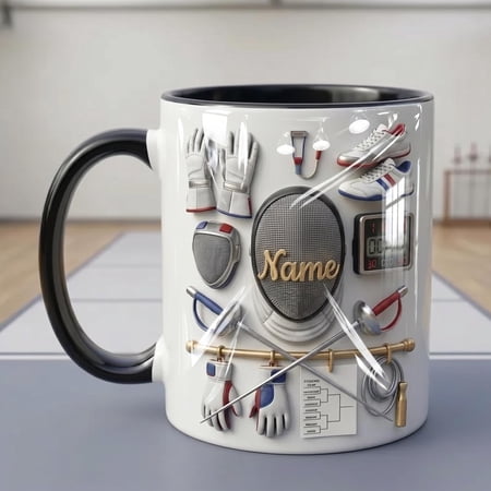 Personalized Fencing Mug 3D, Sword Sport Coffee Cup, Custom Fencer Gift, Faux 3D Effect