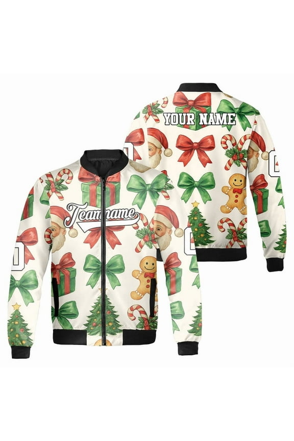 Personalized Festive Christmas Coquette Santa Claus Bomber Jacket – Custom Xmas Holiday Santa Candy Cane Gingerbread Tree Jacket