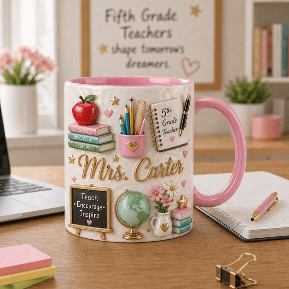 Personalized Fifth Grade Teacher Mug, Custom Name Coffee Cup Back to School Gift