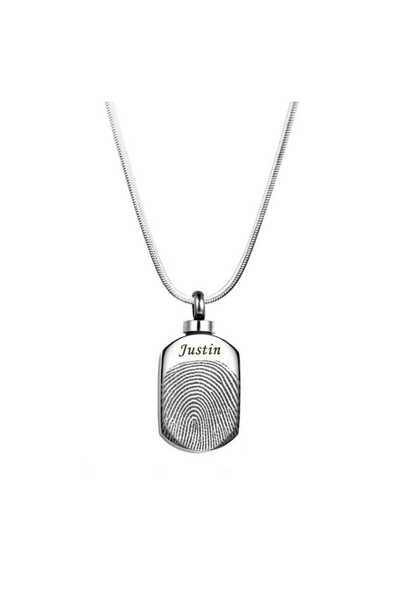 Personalized Fingerprint Dog Tag Keepsake Cremation Necklace Remembrance Human Urn Ashes Holder Stainless Steel Memorial Pendant with Free Velvet Jewelry Box and Funnel Kit