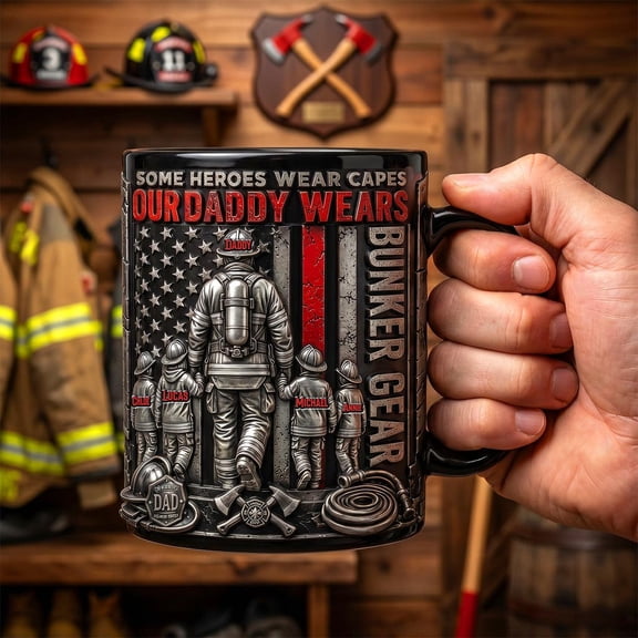 Personalized Firefighter Dad Coffee Mug, Custom Hero Daddy Thin Red Line Gift, Bunker Gear Father's Day Present for Fireman