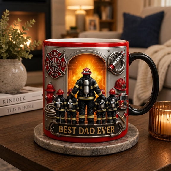 Personalized Firefighter Dad Mug, Best Dad Ever Fire Rescue Coffee Cup, Custom Kids Name Father’s Day Gift