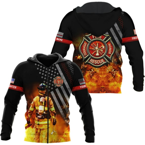 Personalized Firefighter Hoodie Zip Custom Name Fire Man Firefighter Gift Sweatshirt 3D Unisex Shirt for Men Women (ZipHoodie, L)