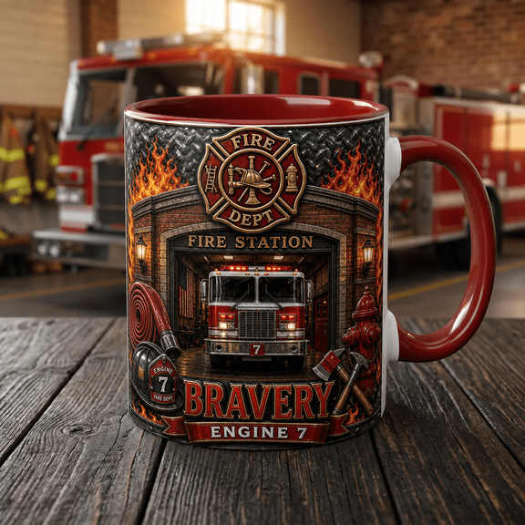 Personalized Firefighter Mug Fire Station Scene Ceramic Coffee Cup for Desk or Kitchen Fire Dept Gift