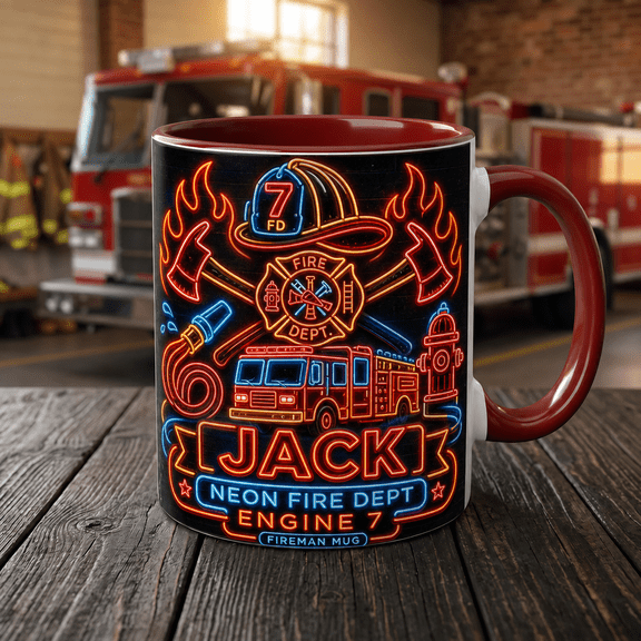 Personalized Firefighter Mug Neon Fire Dept Ceramic Coffee Cup for Station Desk First Responders