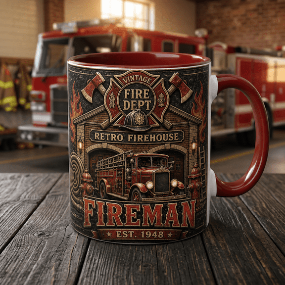 Personalized Firefighter Mug Vintage Fire Dept Ceramic Coffee Cup for First Responders
