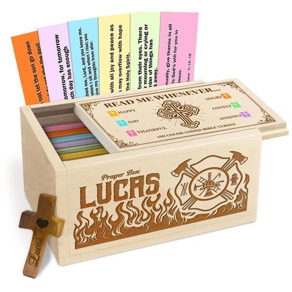 Personalized Firefighter Prayer Box, Custom Wooden Christian Keepsake with 150 Color-Coded Bible Verse Cards and Wooden Cross, Faith Gift for Firefighters