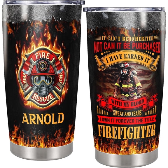 Personalized Firefighter Tumbler Customized Name Firemen Insulated Cups Travel Coffee Mug with Lid 20 oz Retirement Gifts for Dad Man Husband Officer Coworker Father's Day