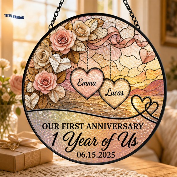 Personalized First Anniversary Stained Glass Suncatcher Custom Couple Date Gift