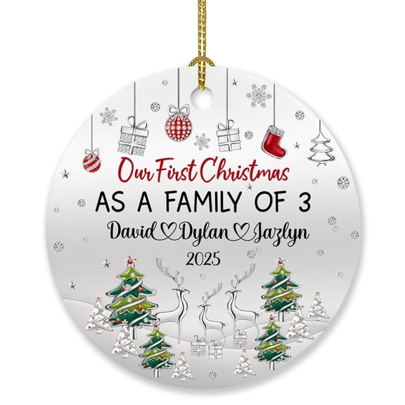 Personalized Our First Christmas As A Family of Three Ornament 2025, Deer 3 Gift for Dad Mom Baby, 1st Xmas Gift, Custom Names Our First Christmas as a Family of 3 Ornament #2
