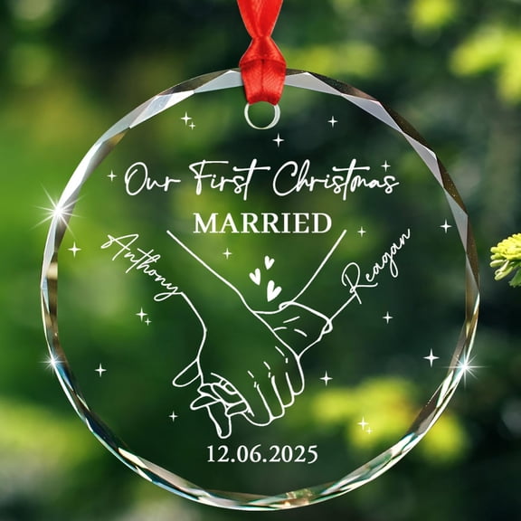 Personalized Our First Christmas Married Glass Ornament, Mr & Mrs Hold Handing Keepsake Christmas Ornaments Gift for Wedding Anniversary, Customized Date & Names Married Couple Glass Xmas Ornament