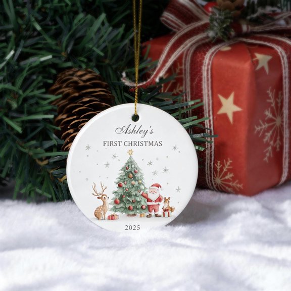 Personalized First Christmas Scene Bauble — Ceramic Tree Decoration, Custom Name